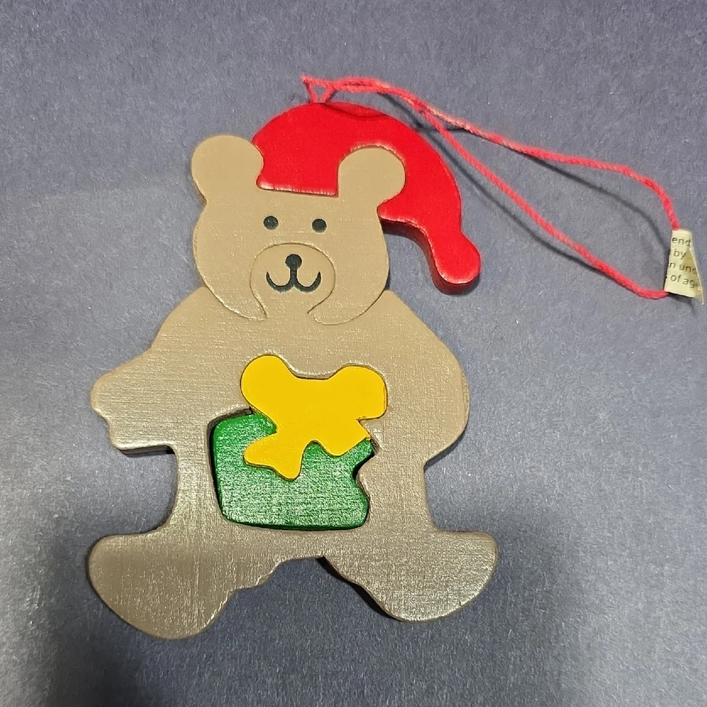 Giftco Holiday Puzzler Wooden Ornament Teddy Bear Christmas Santa Hat,‎ Vintage